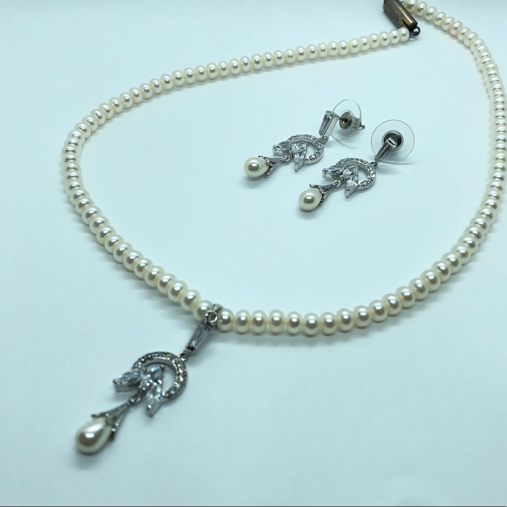 Mangatrai Pearls Necklace and Earrings Set with CZ
